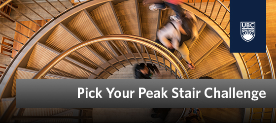 Pick Your Peak banner image with UBC logo and people walking down a spiral staircase