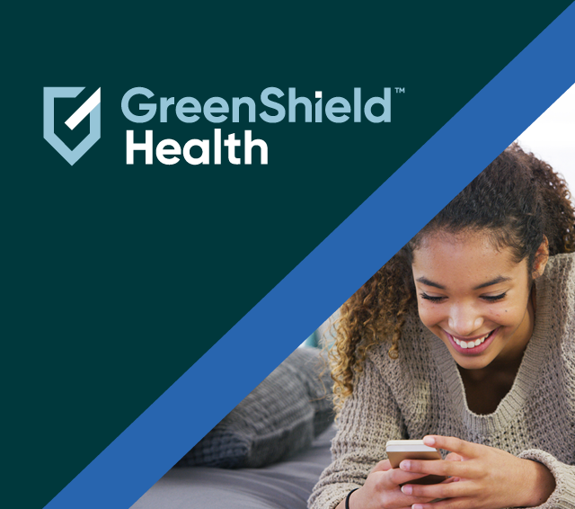 GreenShield green banner, with person using smartphone to access