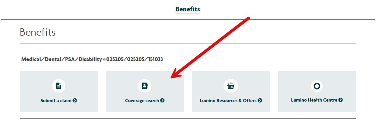 Sun Life member portal, arrow pointing to "Coverage Search"