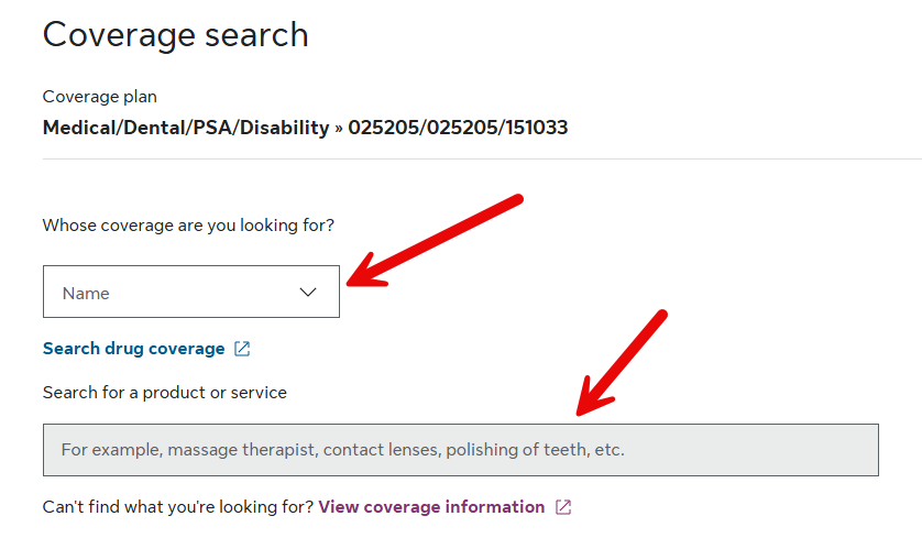 Sun life member portal: Coverage Search. Arrows pointing to "Name" drop down and the search field