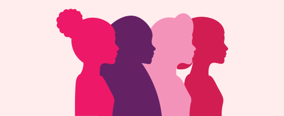 Four animated profile figures of women