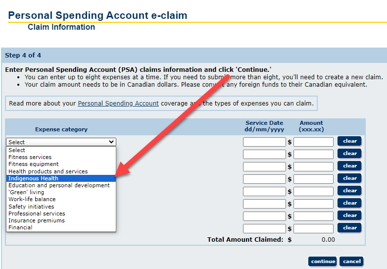 Screenshot of Sun Life member portal, Personal Spending Account screen, with arrow highlighting "Indigenous Health Category"