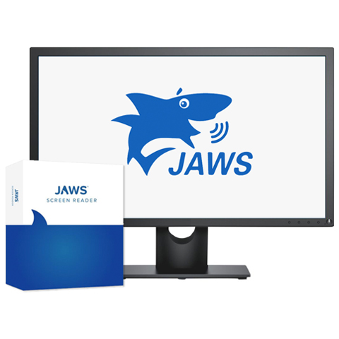 Photo of a computer with the JAWS logo.