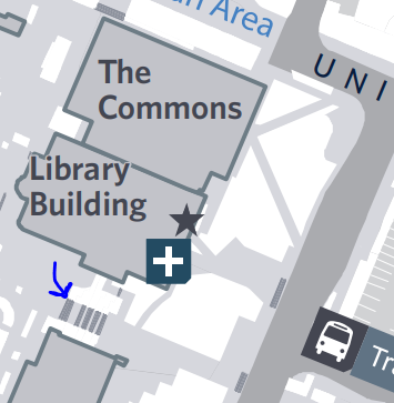 Map showing the top of the stairs between the Library and Administration/Central courtyard
