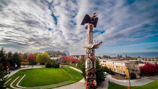 Aerial shot of the Reconciliation pole at UBC Vancouver