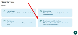 Screenshot of the GreenShield platform, with cards leading to services. There is a red arrow pointing to the "Total Health and Life Services" card.