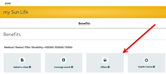 Sun Life Members portal with Arrow pointing to "Offers"