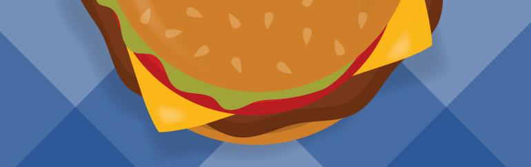 Digital animation of a hamburger on blue checkered table cloth