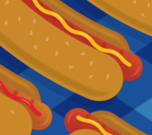 Animated hotdogs on checkered tablecloth. 