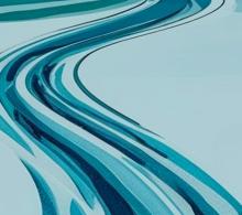 Abstract artwork featuring wavy lines in shades of blue and teal, forming a flowing pattern reminiscent of a river or stream.