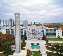 Aerial shot of UBC campus, Irving K Barber Learning Centre.